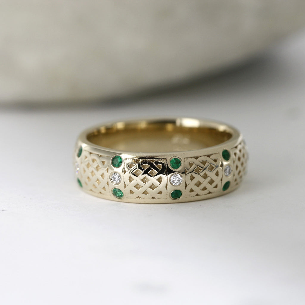 Emerald and Diamond Celtic Knot Wedding Ring In Yellow Gold