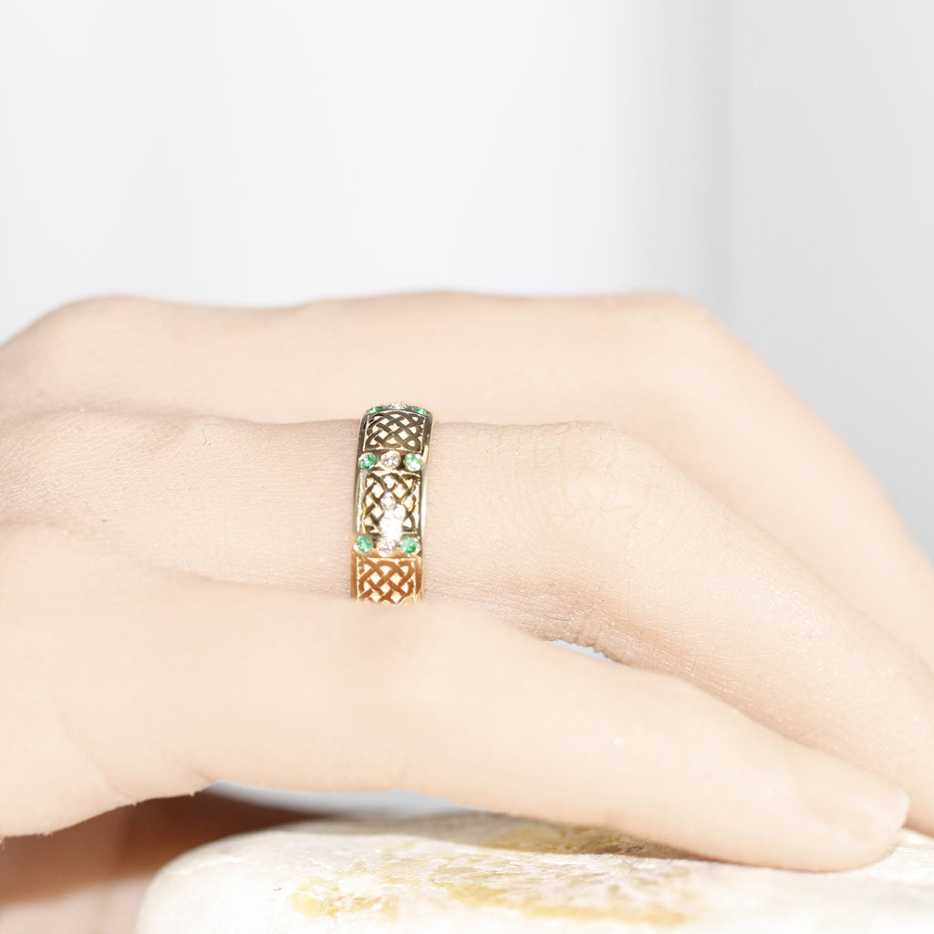 Emerald and Diamond Celtic Knot Wedding Ring In Yellow Gold