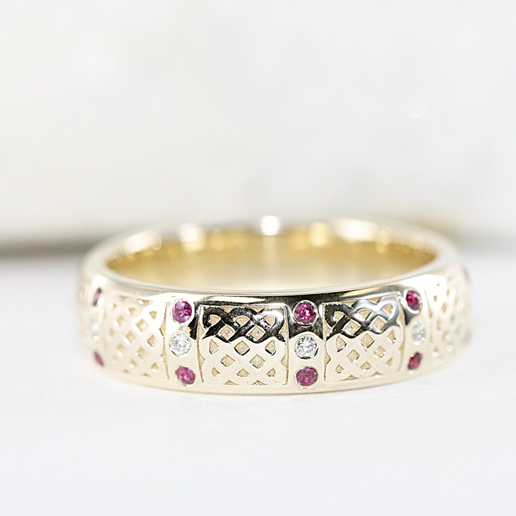 Ruby and Diamond Celtic Knot Wedding Ring In Yellow Gold