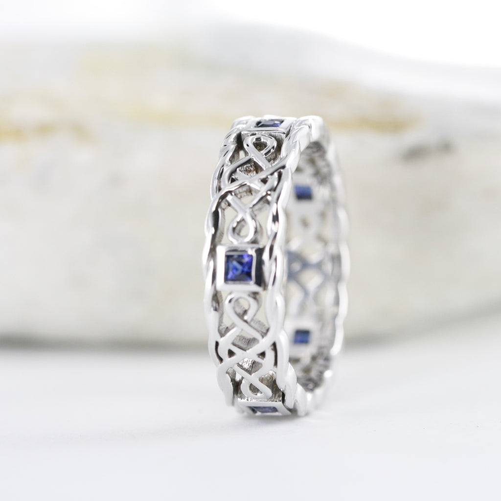 Princess Cut Blue Sapphire Celtic Knot Wedding Ring