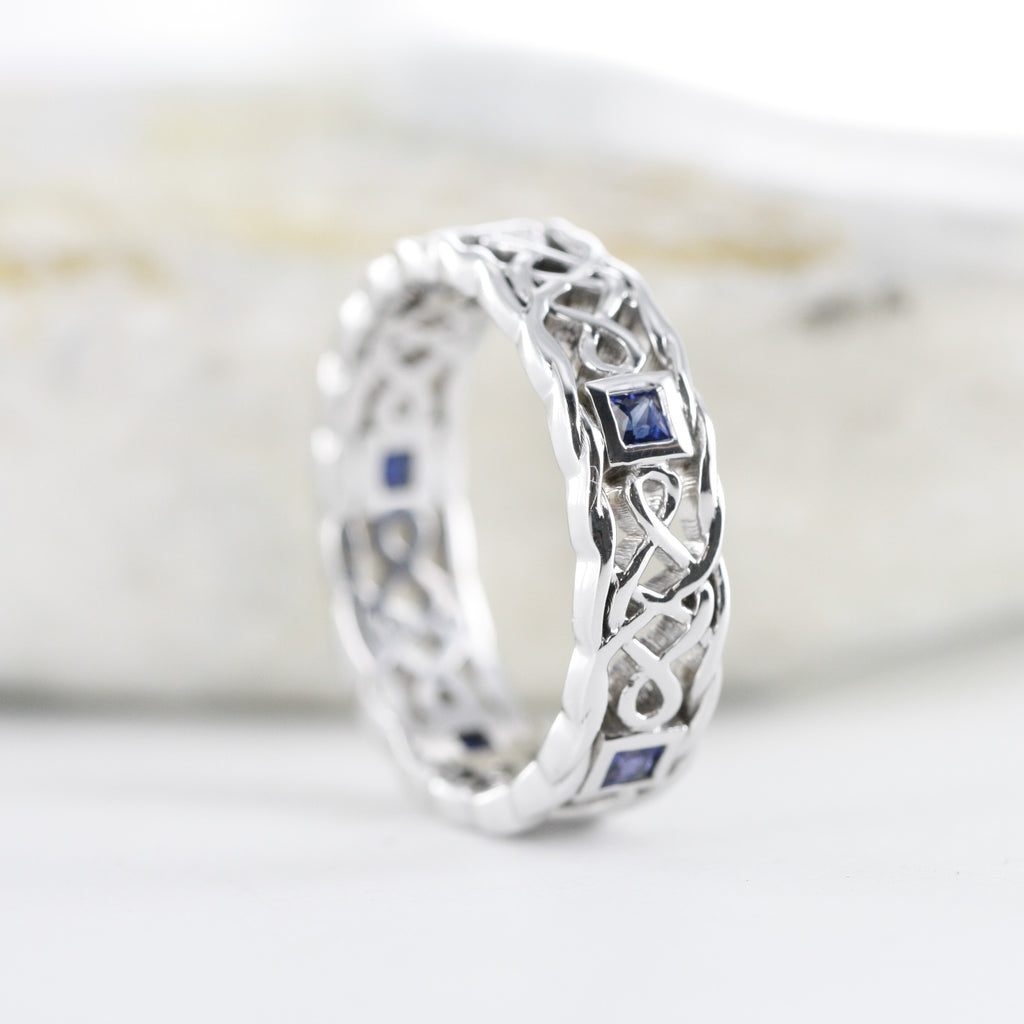 Princess Cut Blue Sapphire Celtic Knot Wedding Ring