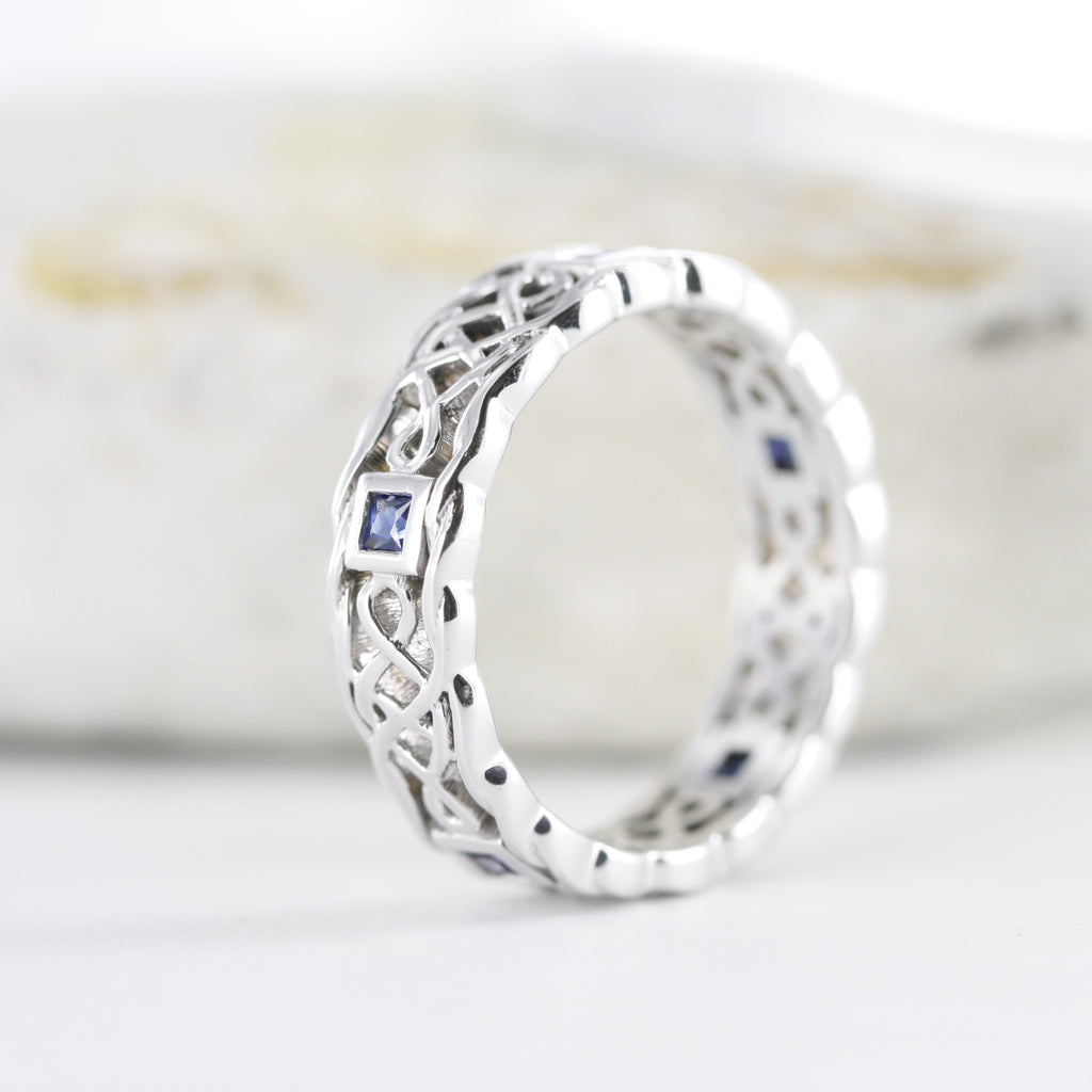 Princess Cut Blue Sapphire Celtic Knot Wedding Ring