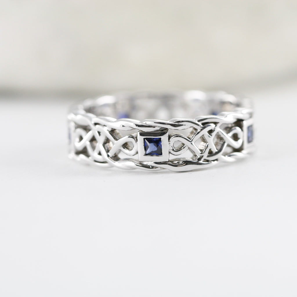 Princess Cut Blue Sapphire Celtic Knot Wedding Ring