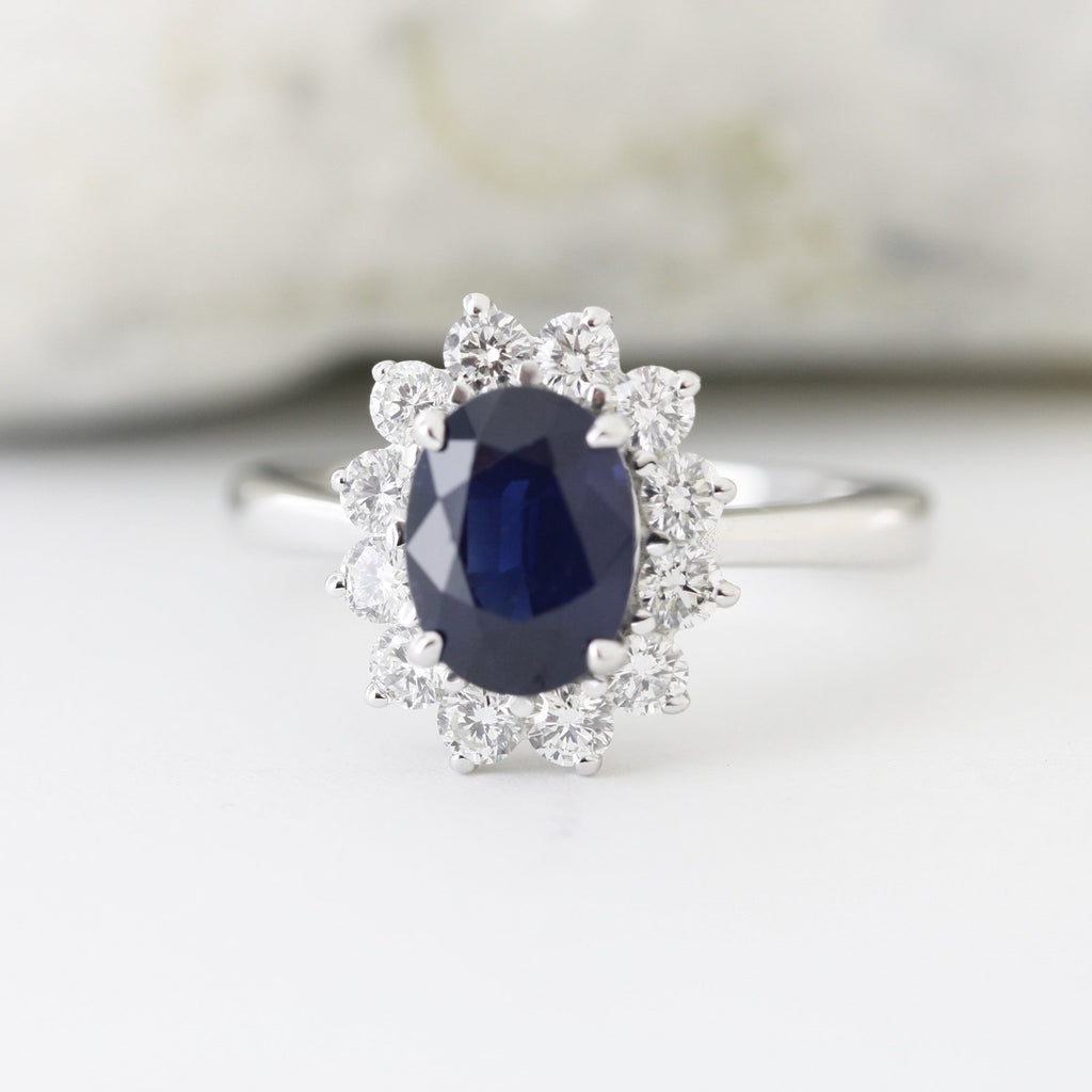 blue sapphire diana engagement ring in 14k white gold