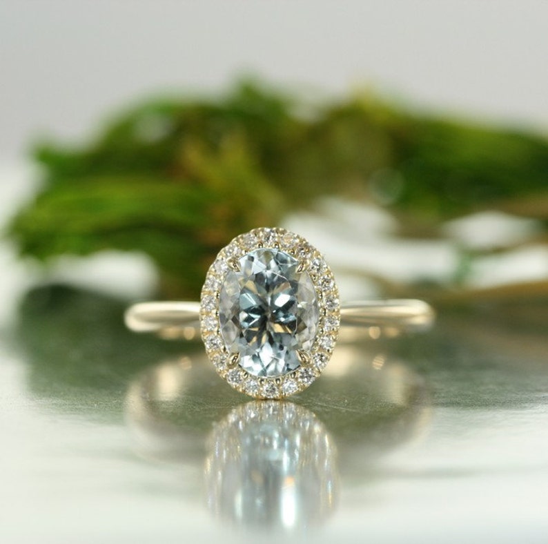Halo Diamond and Aquamarine in 14K Yellow Gold Ring – Love JC Ring