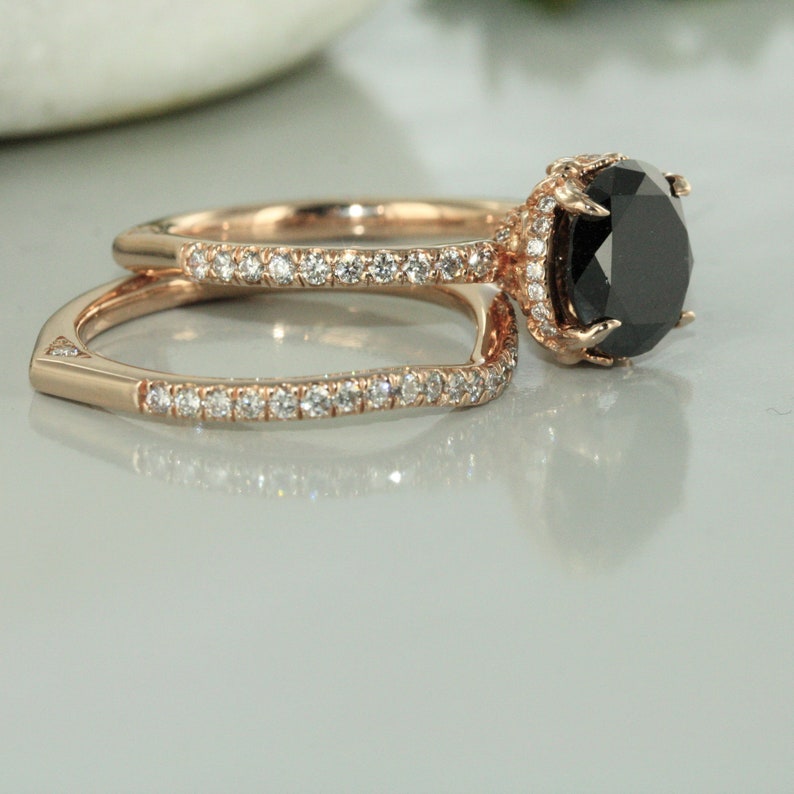 Round Black Diamond in 14K Rose Gold Engagement Ring Love Flow image 5