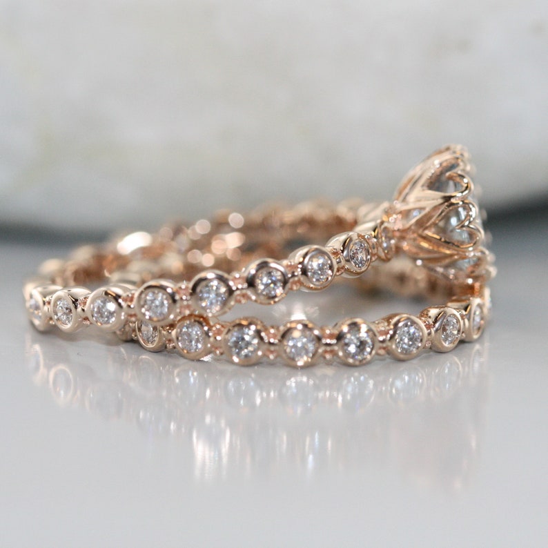 Center of Love-Aquamarine Wedding Ring Set in 14k Rose Gold image 2