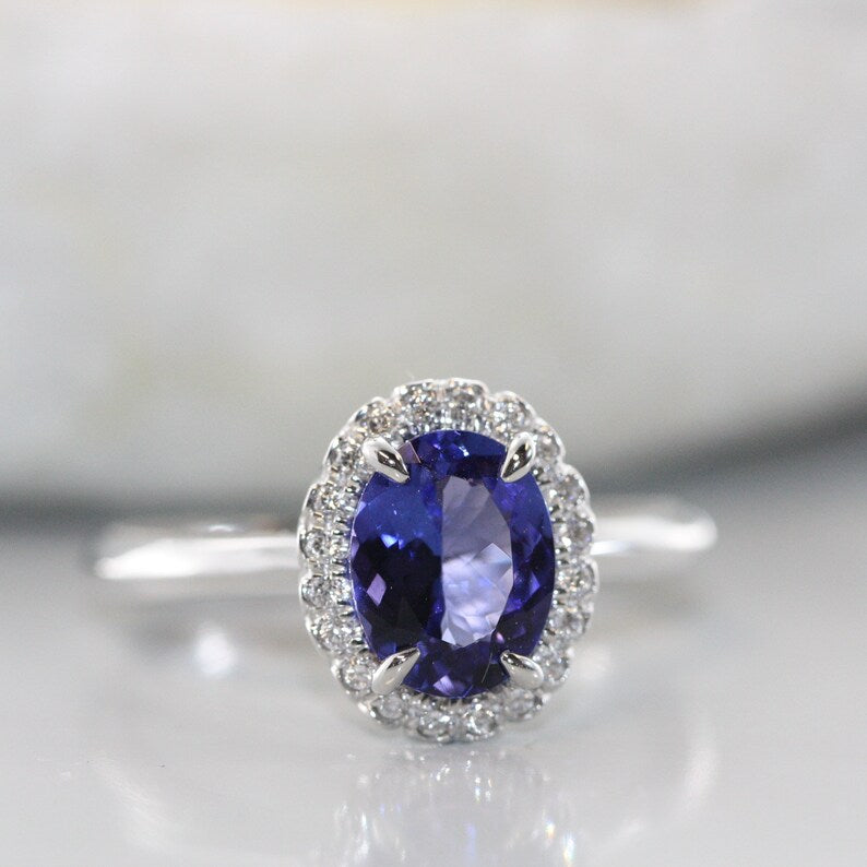 Endless Natural Tanzanite and Diamond Halo Engagement Ring image 2