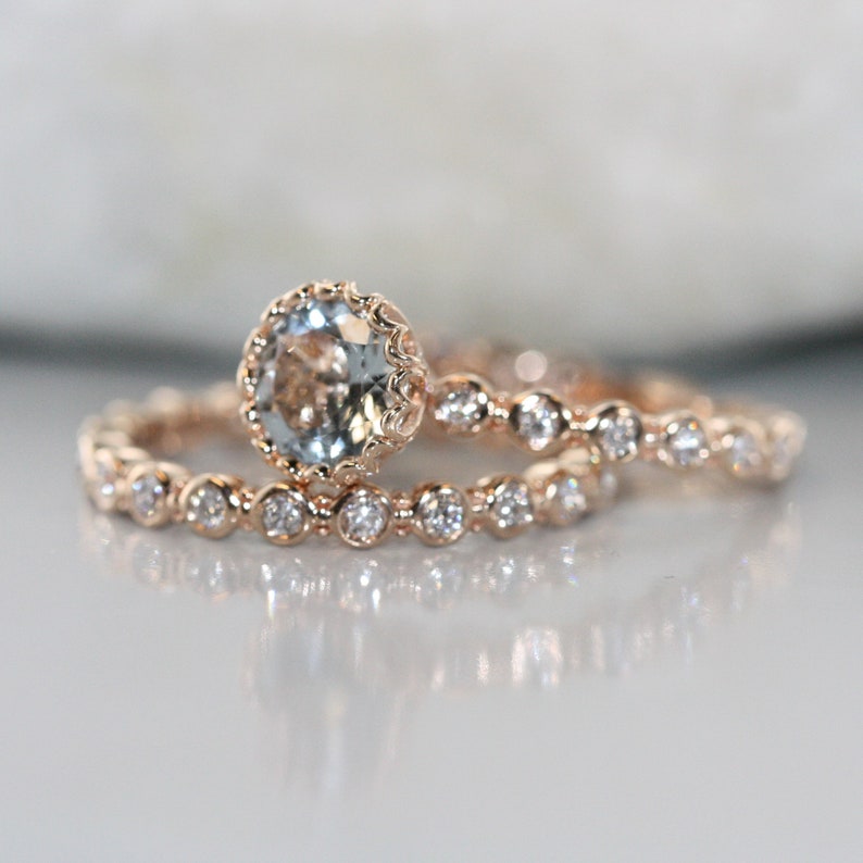 Center of Love-Aquamarine Wedding Ring Set in 14k Rose Gold image 3