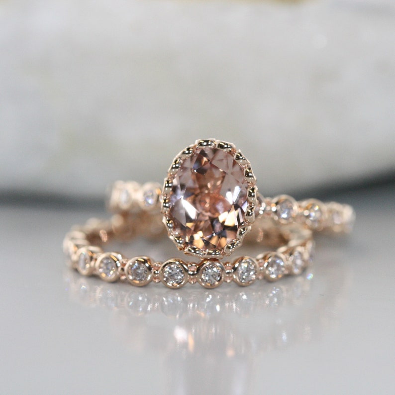 Center of Love-Morganite Wedding Ring Set in 14k Rose Gold image 1