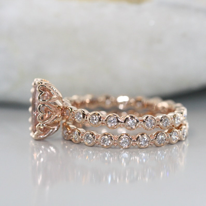 Center of Love-Morganite Wedding Ring Set in 14k Rose Gold image 4