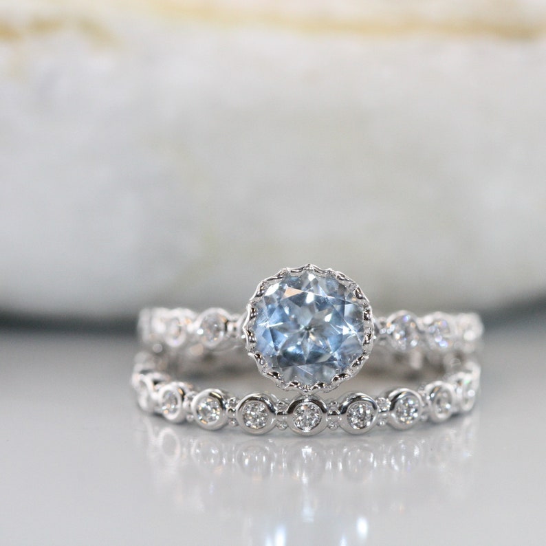 Center of Love-Aquamarine Wedding Ring Set in 14k White Gold 7 image 1