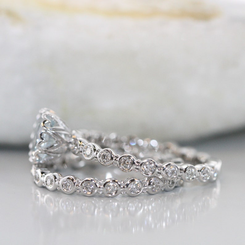 Center of Love-Aquamarine Wedding Ring Set in 14k White Gold 7 image 2