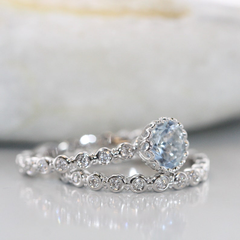 Center of Love-Aquamarine Wedding Ring Set in 14k White Gold 7 image 3