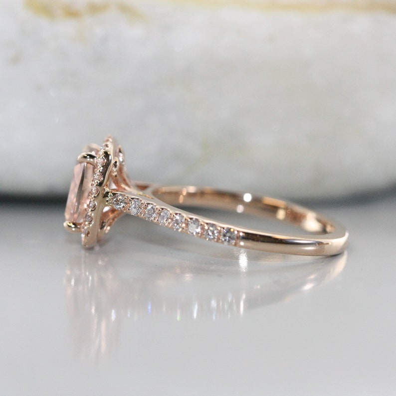 Princess Cut Morganite in 14K Rose Gold Diamond Halo Morganite image 2