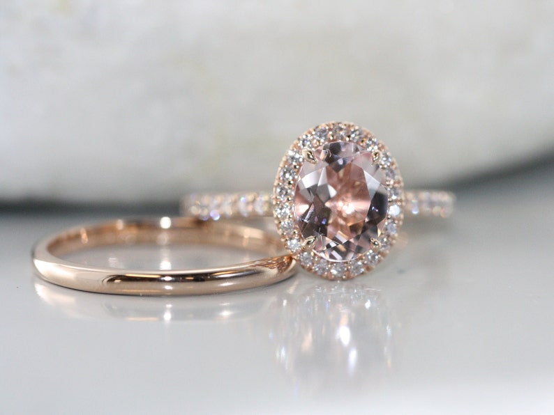 9X7mm Oval Morganite in 14K Rose Gold Halo Diamond Engagement image 4