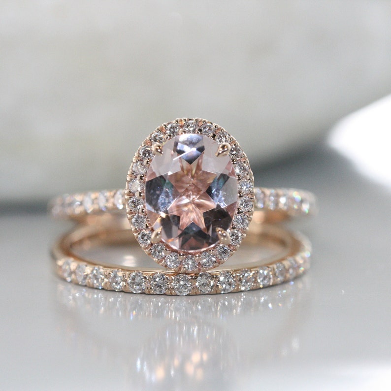 9X7mm Oval Morganite in 14K Rose Gold  Halo Diamond Engagement image 1