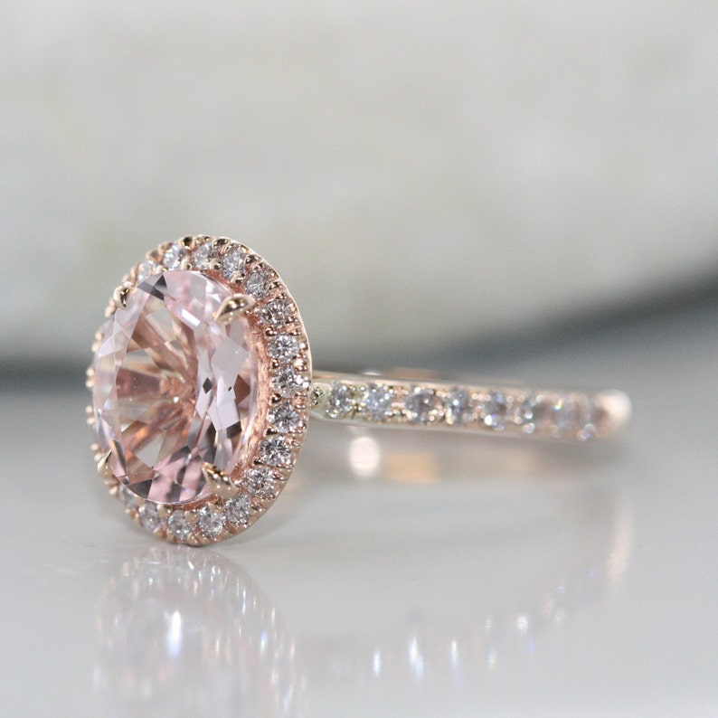 9X7 mm Oval Morganite in 14K Rose Gold Diamond Halo Morganite image 4