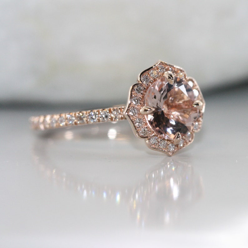 Vintage Floral Morganite and Conflict Free Diamond Round image 3