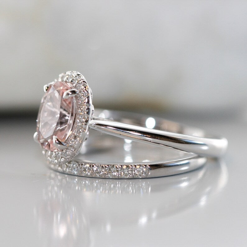 Balance-VS Diamond 9x7 Oval Morganite in 14K White Gold Halo image 3