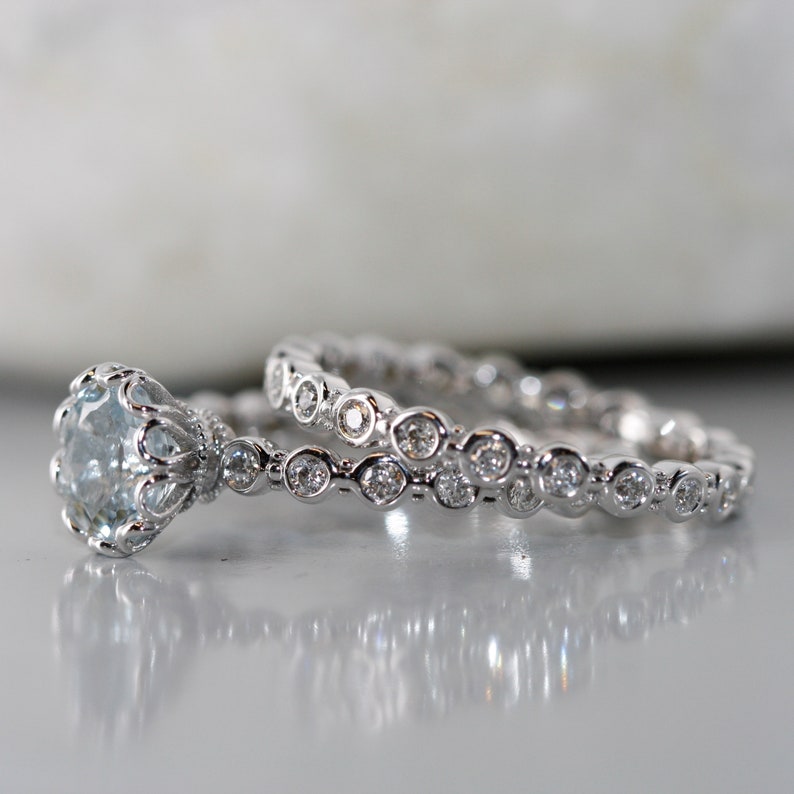 Essence of Love-VS Diamond 7mm Round Aquamarine Ring in 14k image 3