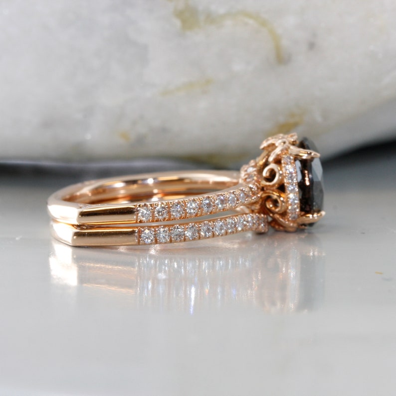 Round Black Diamond in 14K Rose Gold Engagement Ring Love Flow image 2