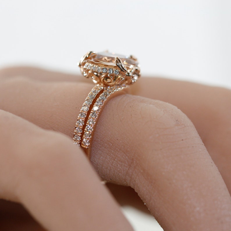 Love Flow-10MM Round Morganite and VS Diamond in 14K Rose Gold image 7