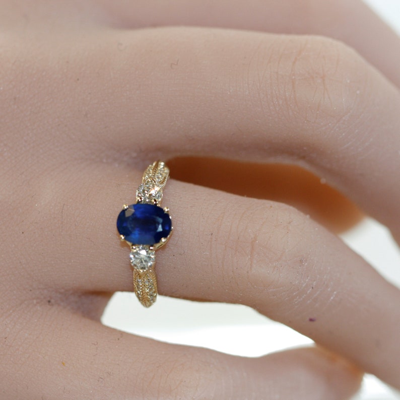 Three Stone Ring 8X6mm Oval Blue Sapphire and Diamond image 8