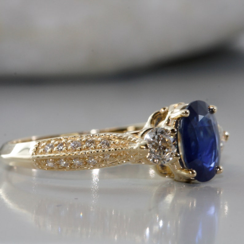 Three Stone Ring 8X6mm Oval Blue Sapphire and Diamond image 3