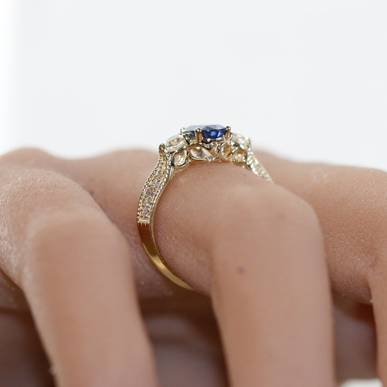 Three Stone Ring 8X6mm Oval Blue Sapphire and Diamond image 7