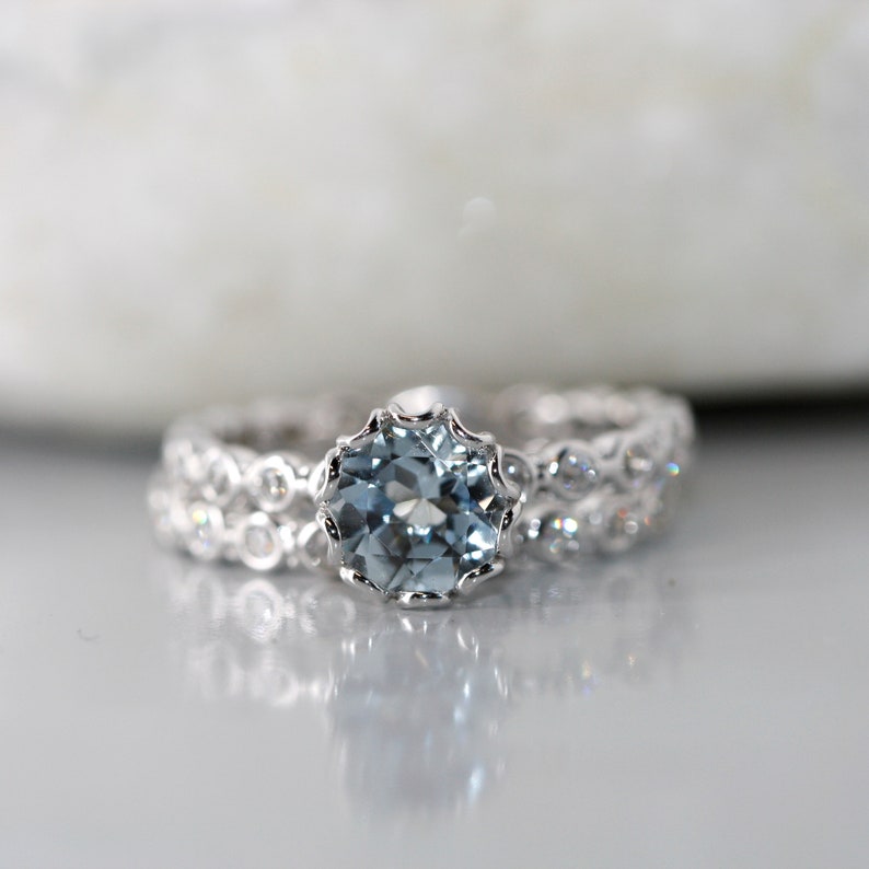 Essence of Love-VS Diamond 7mm Round Aquamarine Ring in 14k image 5