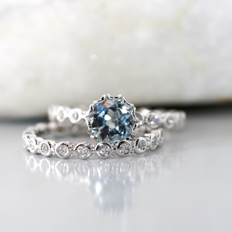 Essence of Love-VS Diamond 7mm Round Aquamarine Ring in 14k image 1