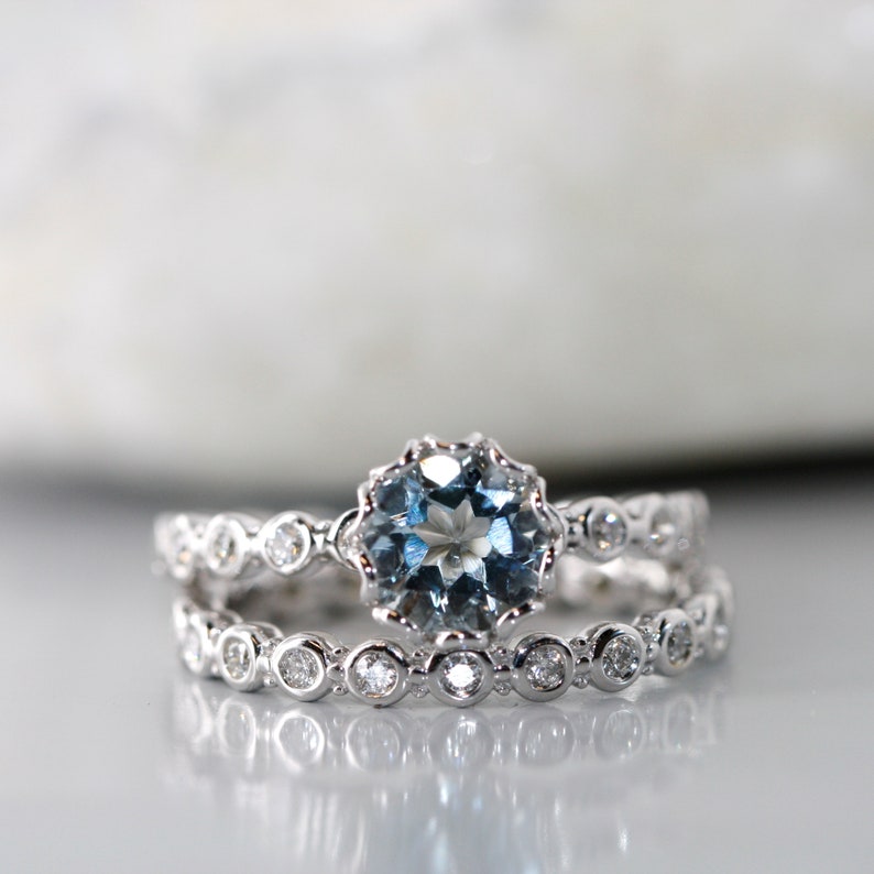 Essence of Love-VS Diamond 7mm Round Aquamarine Ring in 14k image 2
