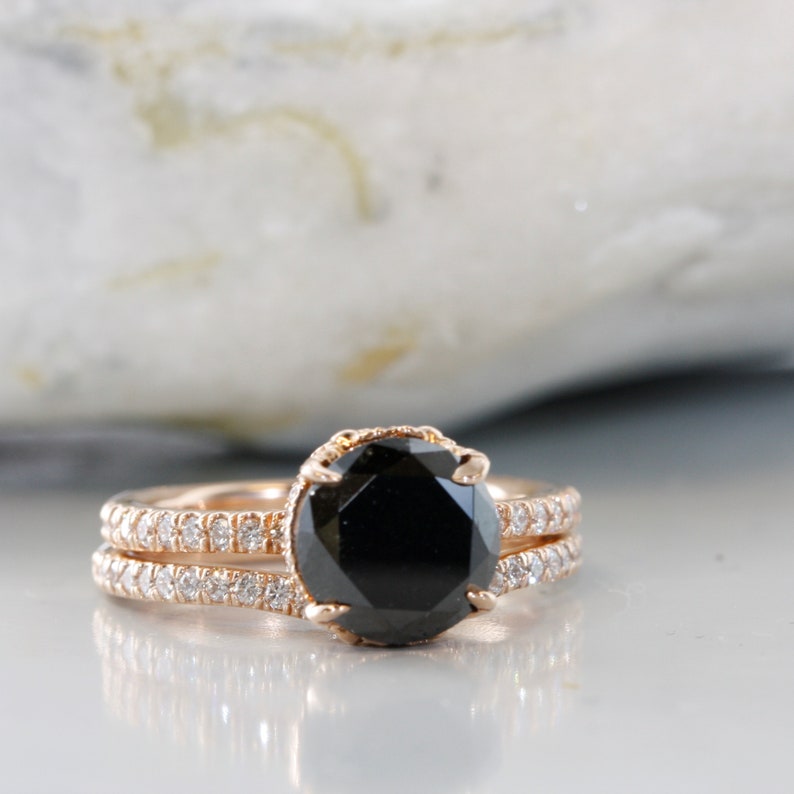 Round Black Diamond in 14K Rose Gold Engagement Ring Love Flow image 1