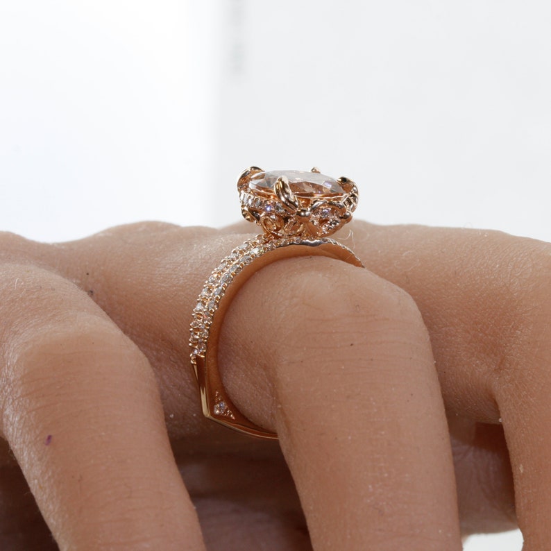 Love Flow-10MM Round Morganite and VS Diamond in 14K Rose Gold image 10