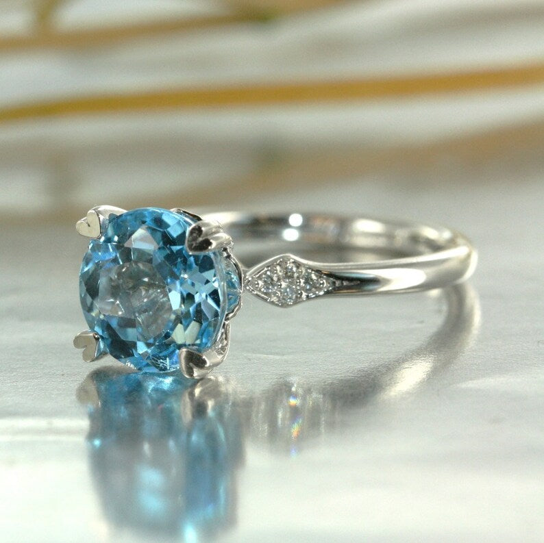 Unity-9mm Round Swiss Blue Toapz and Diamond in 14K White Gold image 1