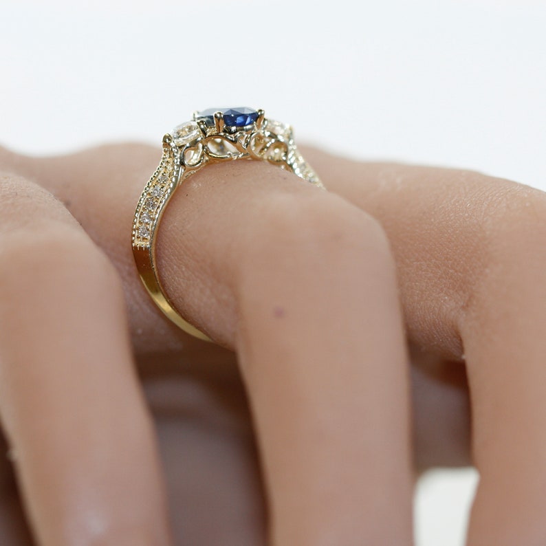 Three Stone Ring 8X6mm Oval Blue Sapphire and Diamond image 10