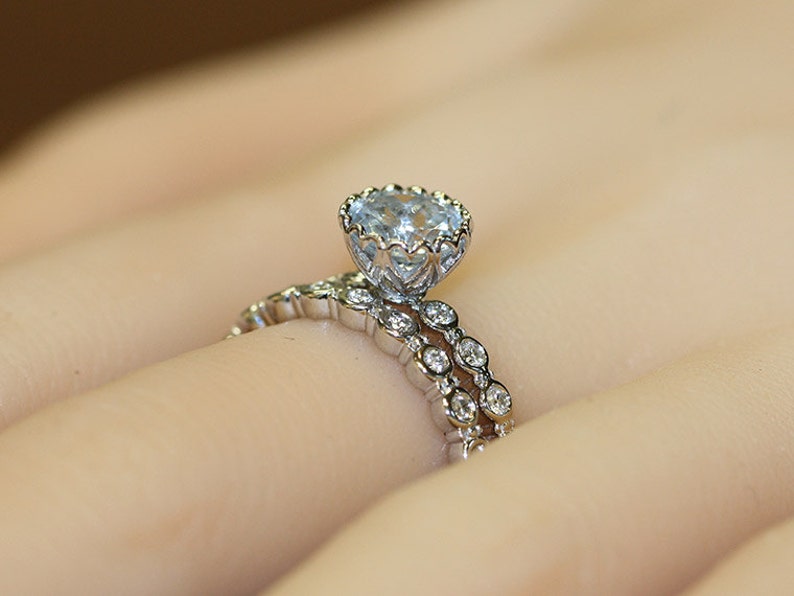 Center of Love-Aquamarine Wedding Ring Set in 14k White Gold 7 image 5