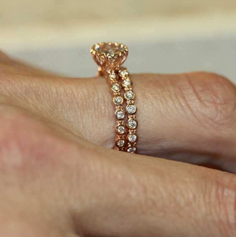 Center of Love-Morganite Wedding Ring Set in 14k Rose Gold 7mm image 8