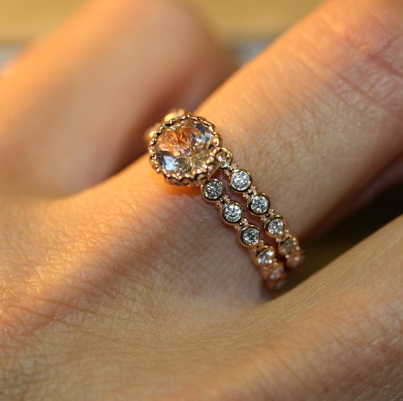 Center of Love-Morganite Wedding Ring Set in 14k Rose Gold 7mm image 9