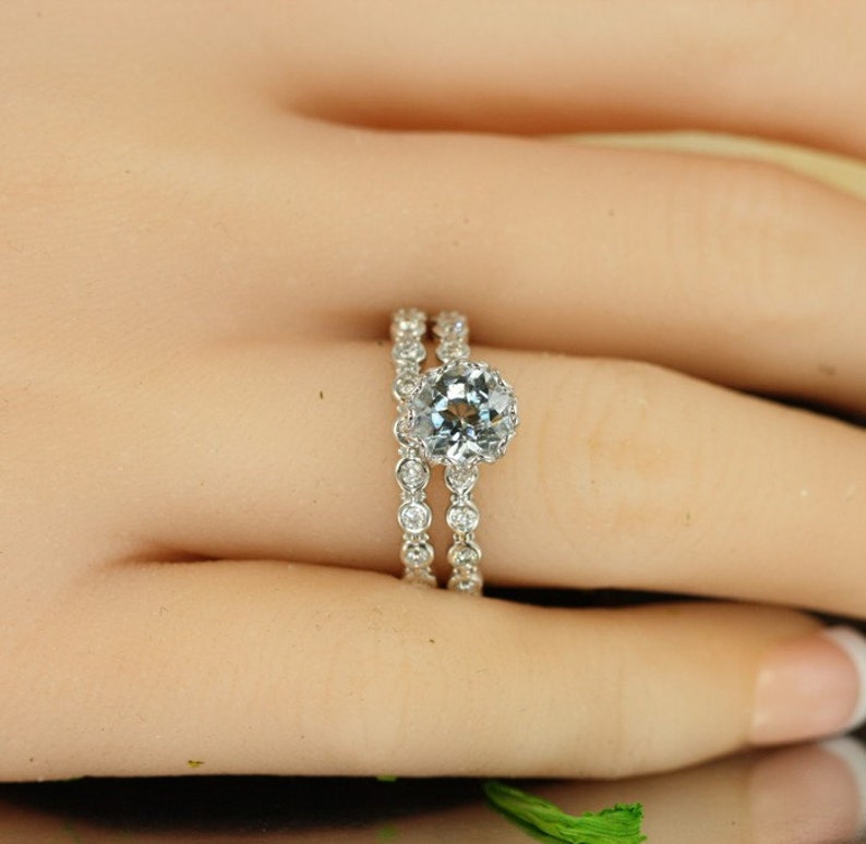 Essence of Love-VS Diamond 7mm Round Aquamarine Ring in 14k image 6