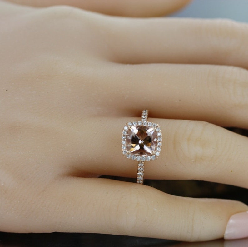 Princess Cut Morganite in 14K Rose Gold Diamond Halo Morganite image 6