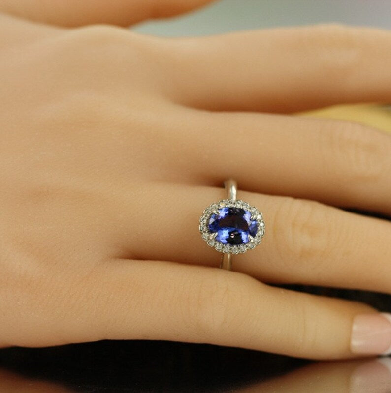 Endless Natural Tanzanite and Diamond Halo Engagement Ring image 7